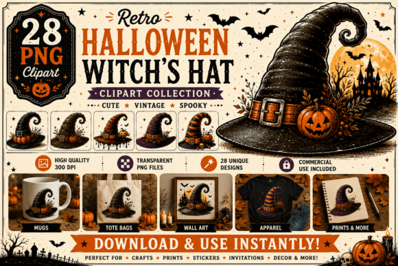 Download 28 Retro Halloween Witch's Hat Clipart - Retro Collection
